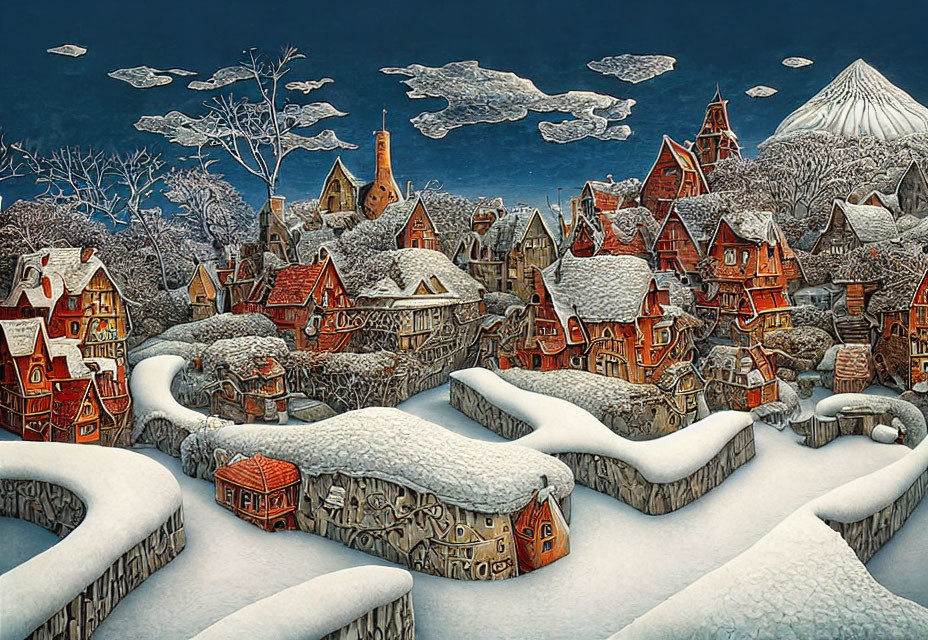 Snowy village scene with stylized houses, winding paths, and distant mountain under cloudy sky.