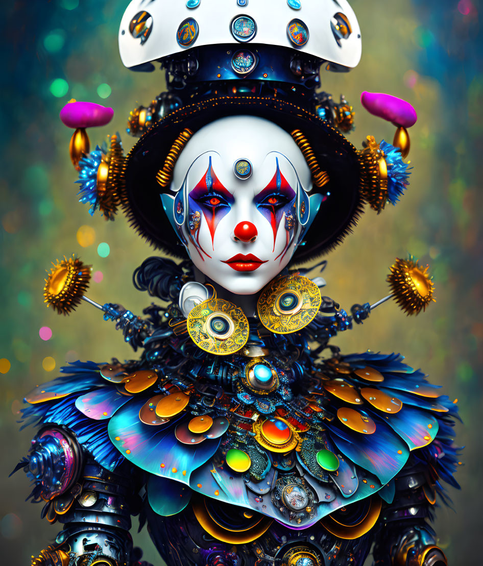 Colorful Clown-Like Figure with Intricate Makeup and Whimsical Hat