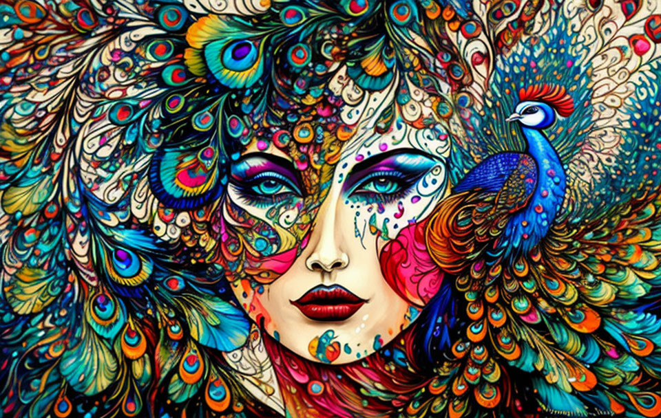 Vibrant face with peacock feather fusion in colorful art.