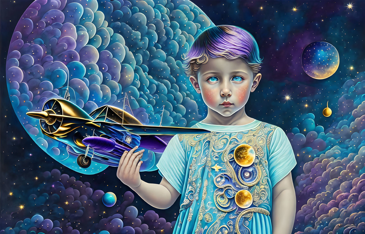 Child Holding Airplane in Cosmic Background Illustration