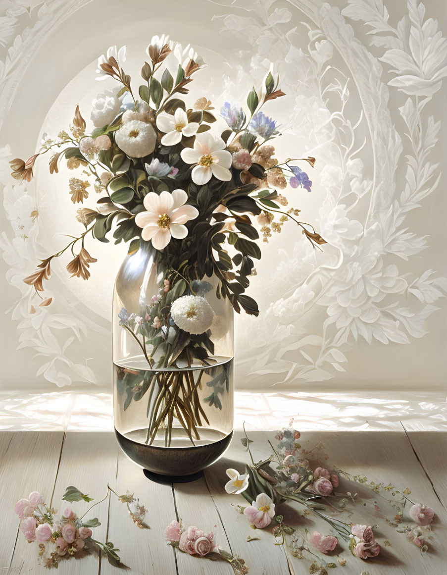 Glass Vase with Lush Flowers on Floral Background and Wooden Surface