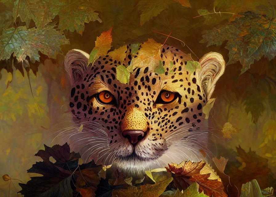 Leopard's face in autumn leaves with amber eyes and spotted fur