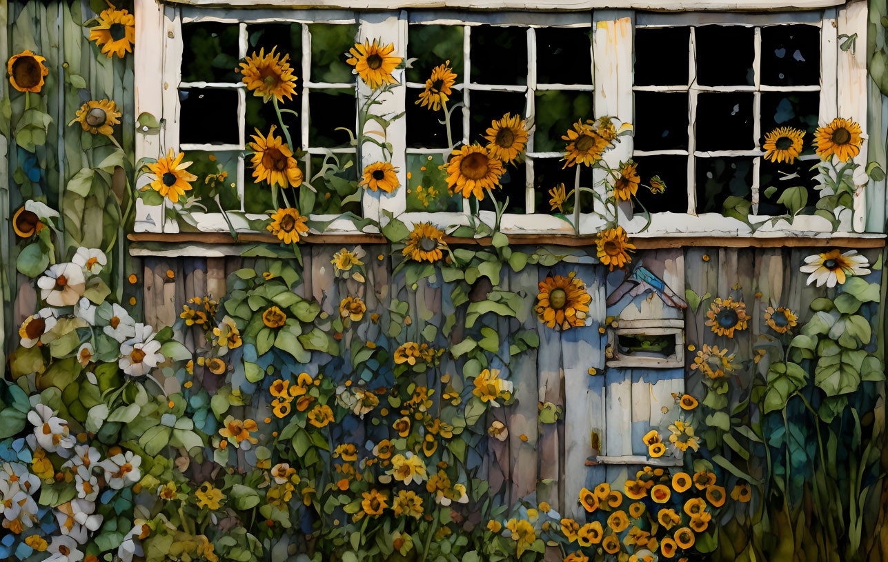 Weathered windows framed by sunflowers, ivy, and foliage on rustic wooden house facade