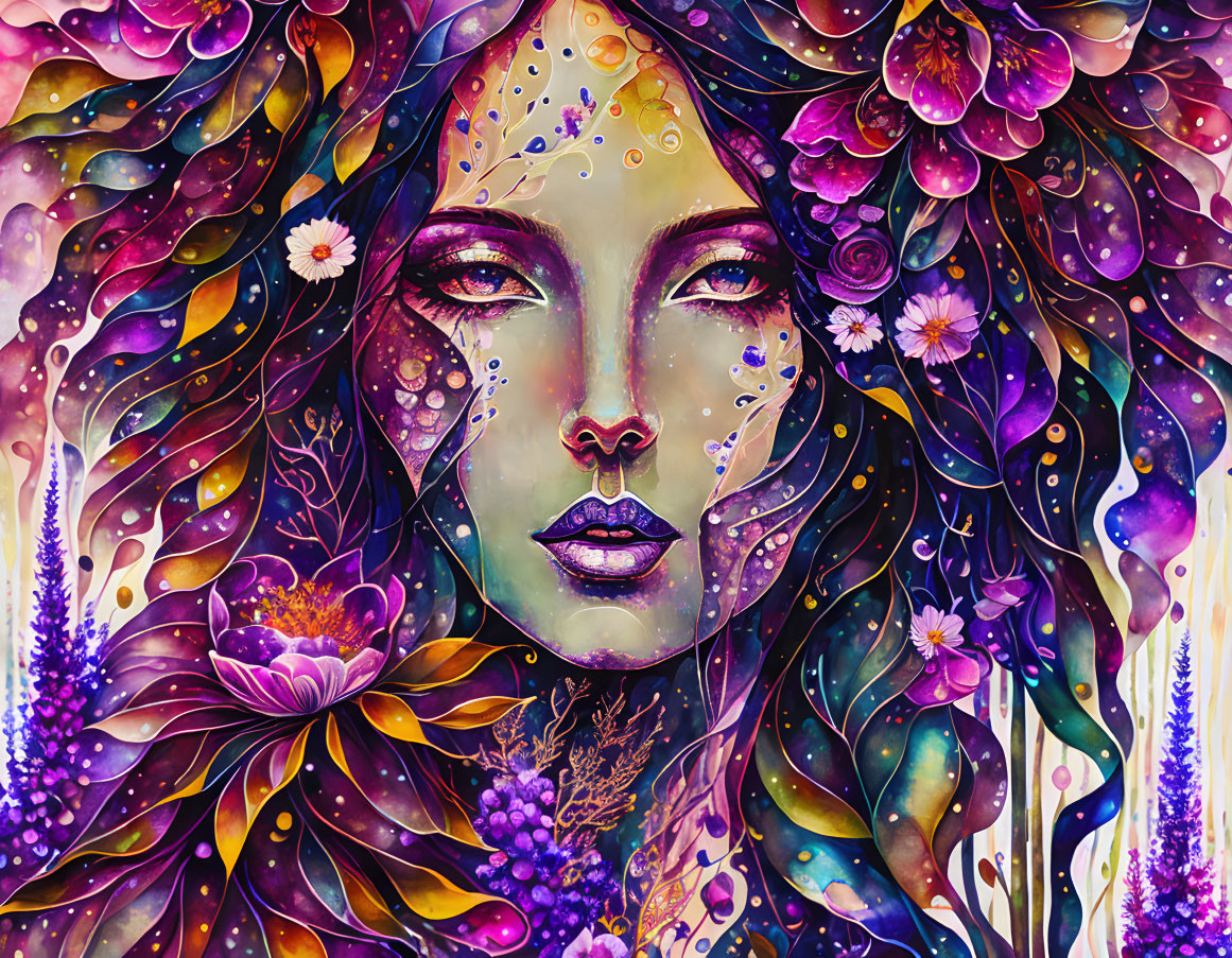 Colorful Woman's Face Illustration with Floral and Cosmic Motifs