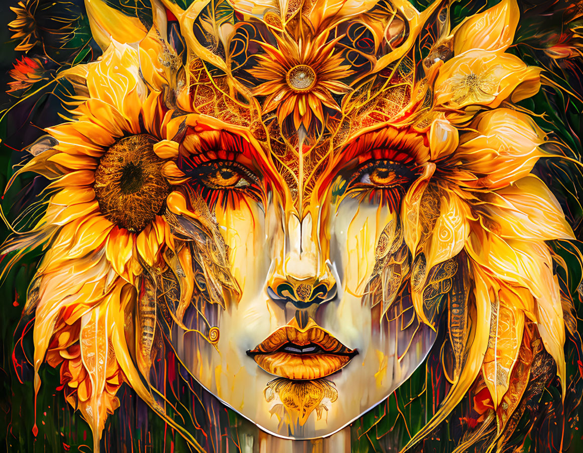 Woman's face with sunflower motifs and golden patterns: Mystical nature-inspired illustration