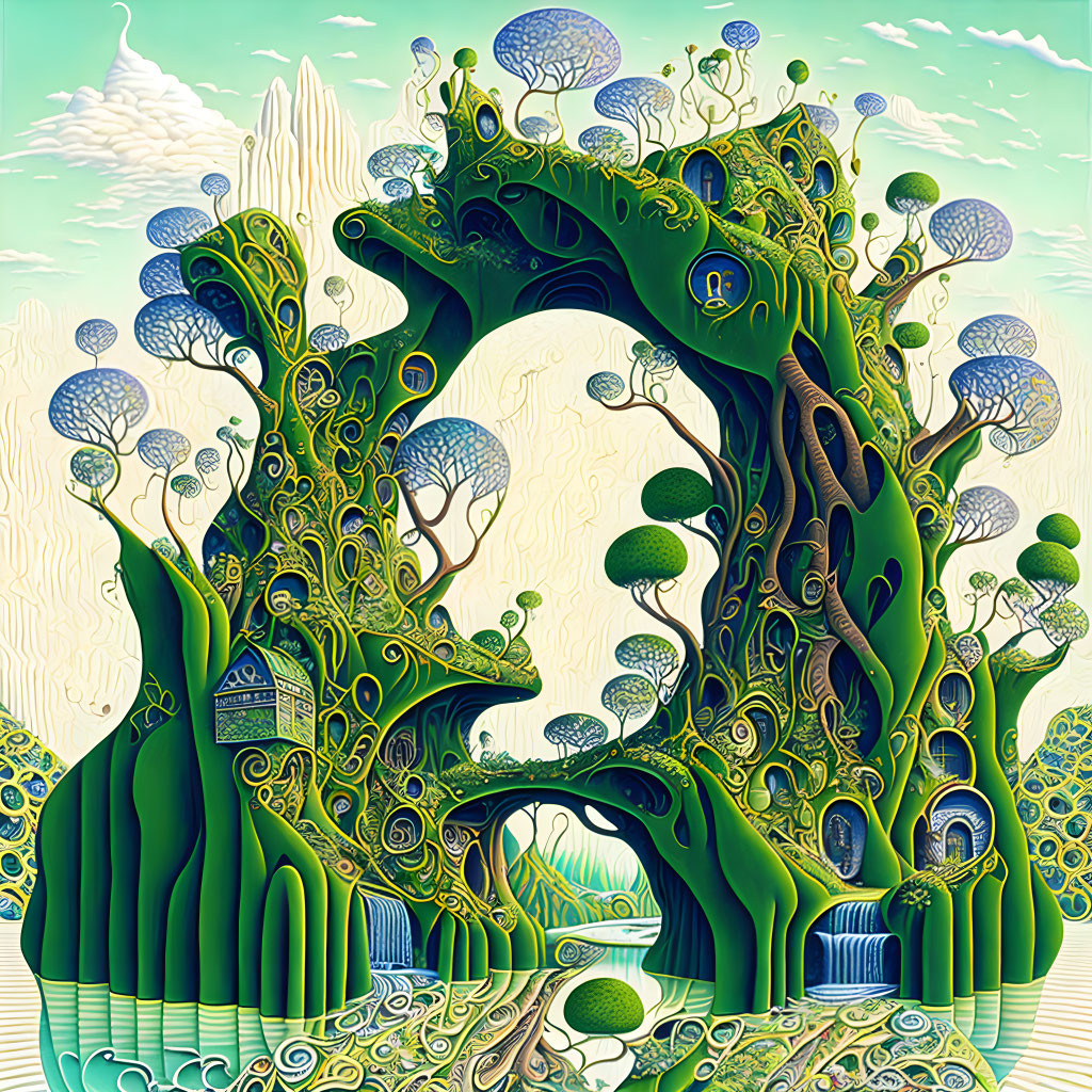 Vibrant green tree with whimsical treehouses and floating islands in surreal artwork