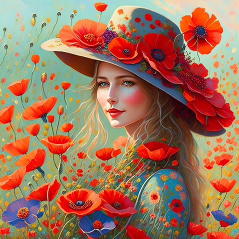 Colorful Woman in Floral Hat Surrounded by Red Poppies