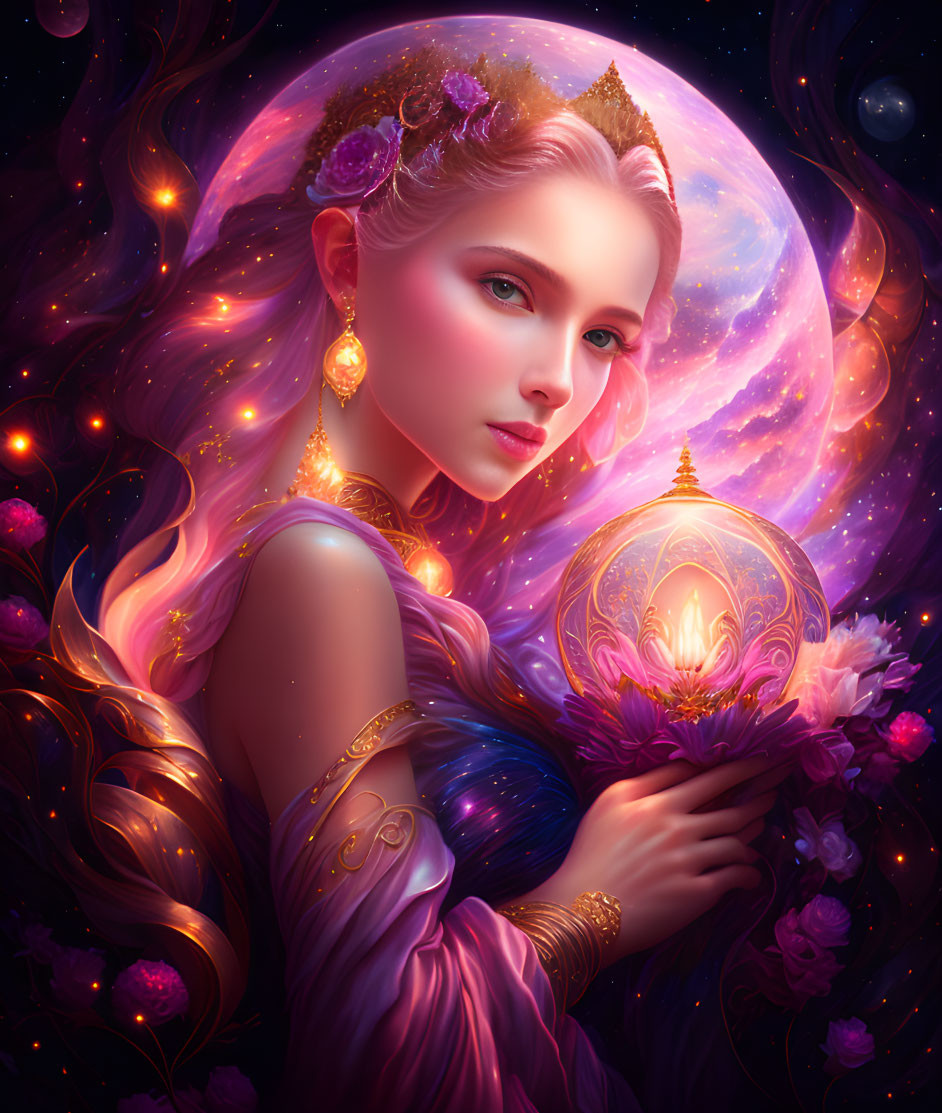 Mystical woman with glowing orb, flowers, celestial backdrop, crown, and regal attire