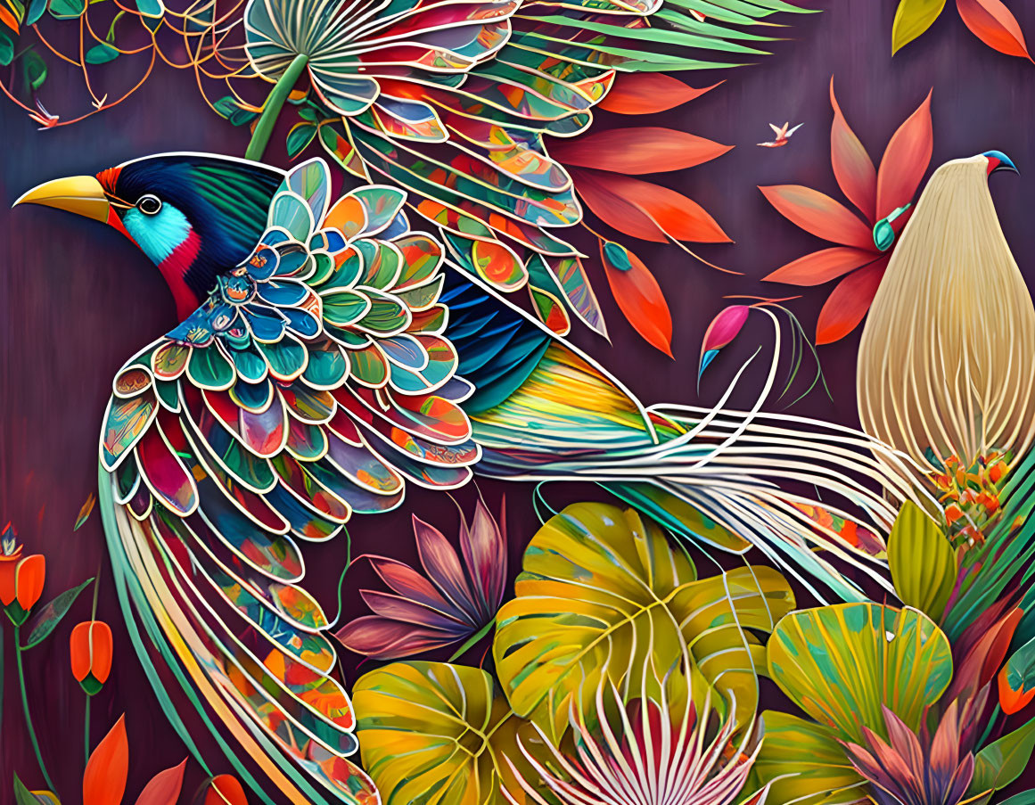 Vibrant bird illustration with intricate feather patterns in tropical setting