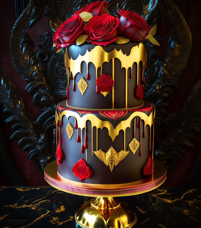 Elegant two-tiered black and gold cake with chocolate ganache and floral decorations