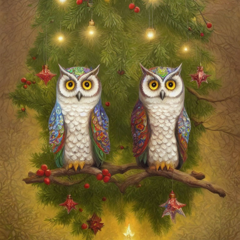 Colorful illustrated owls on branch with Christmas tree backdrop