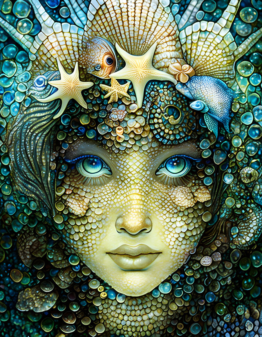 Surreal portrait featuring blue eyes and sea-inspired elements