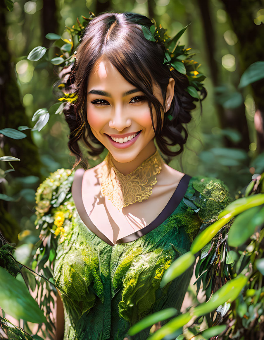 Smiling woman in green leaf outfit with floral crown in sunlit forest