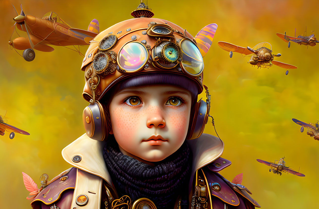 Steampunk-style child with pilot helmet surrounded by flying mechanical devices on yellow background