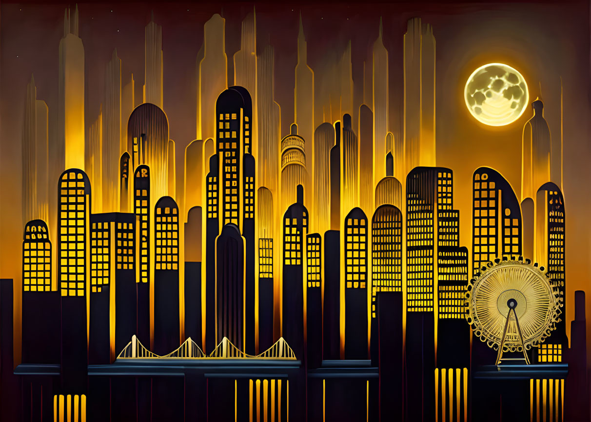 Stylized city skyline at night with skyscrapers and full moon