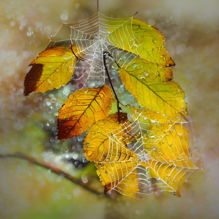 Yellow and Orange Autumn Leaves in Dew-Covered Spider Web