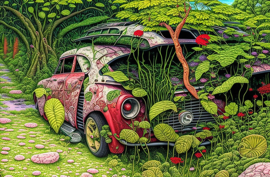 Abandoned vintage car overgrown in vibrant, lush landscape