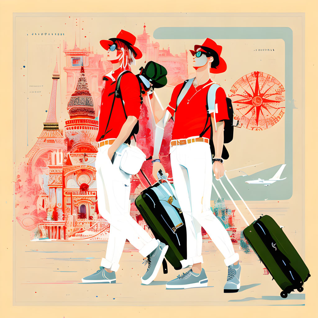 Tourists with luggage in Parisian scene wearing red hats and sunglasses