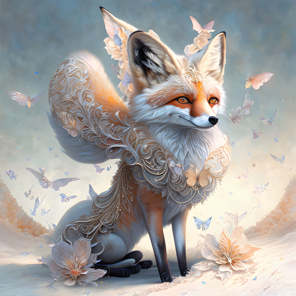 Illustrated Fox with Wings Surrounded by Flowers and Butterflies