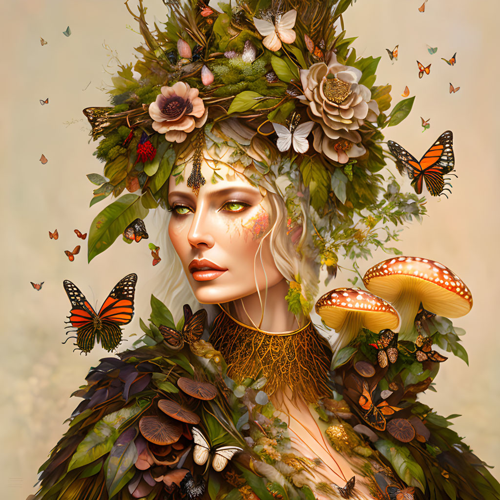 Portrait of woman with nature-themed headdress and butterfly embellishments