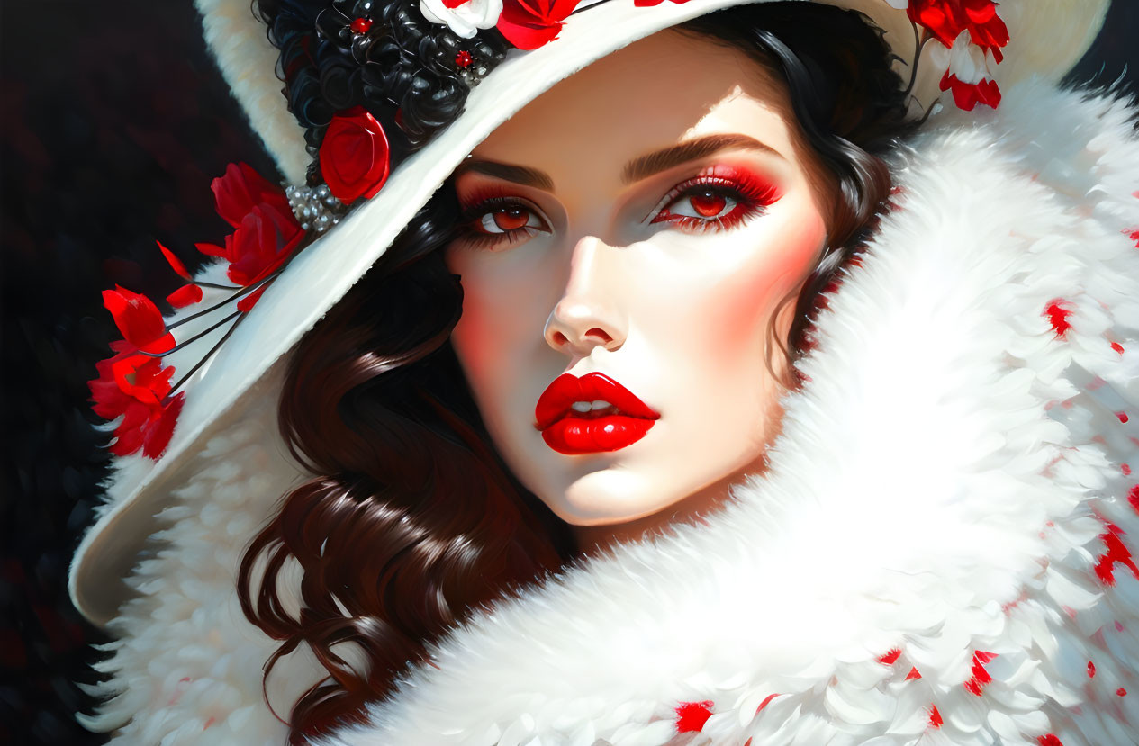 Digital painting of woman in white hat with red lipstick and coat