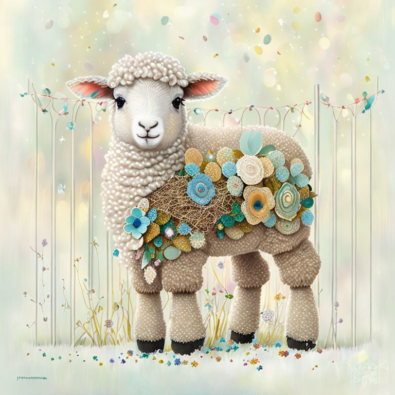 Illustration of whimsical lamb with textured fleece in magical meadow