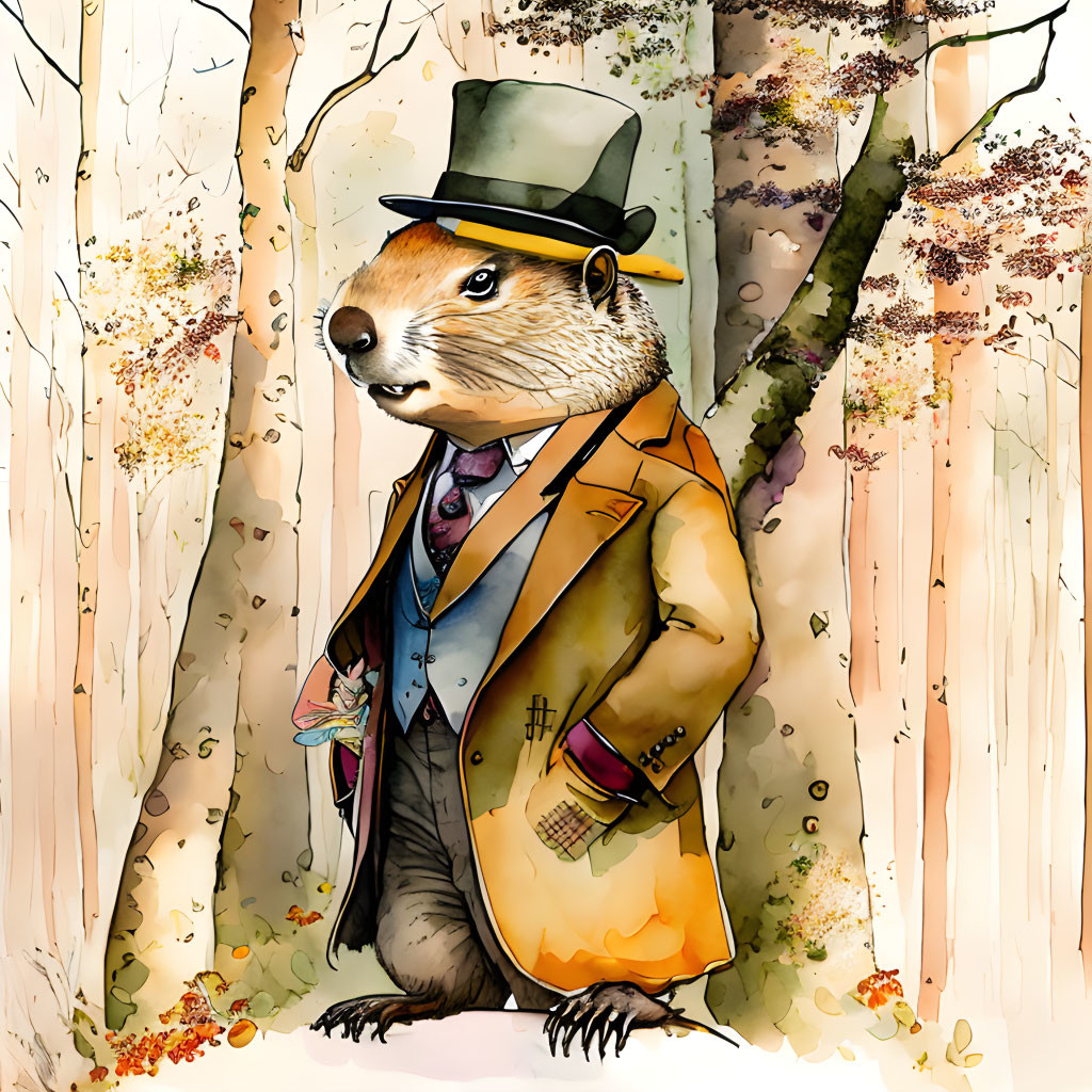 Dapper groundhog in suit, tie, and top hat in woodland