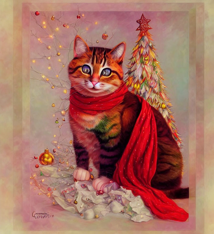 Festive cat in red scarf by decorated Christmas tree