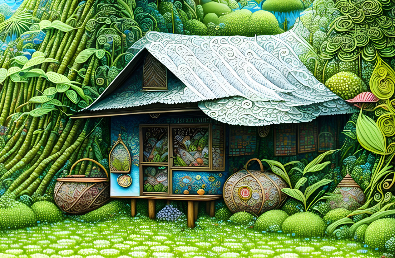 Whimsical cottage illustration with vibrant nature scene