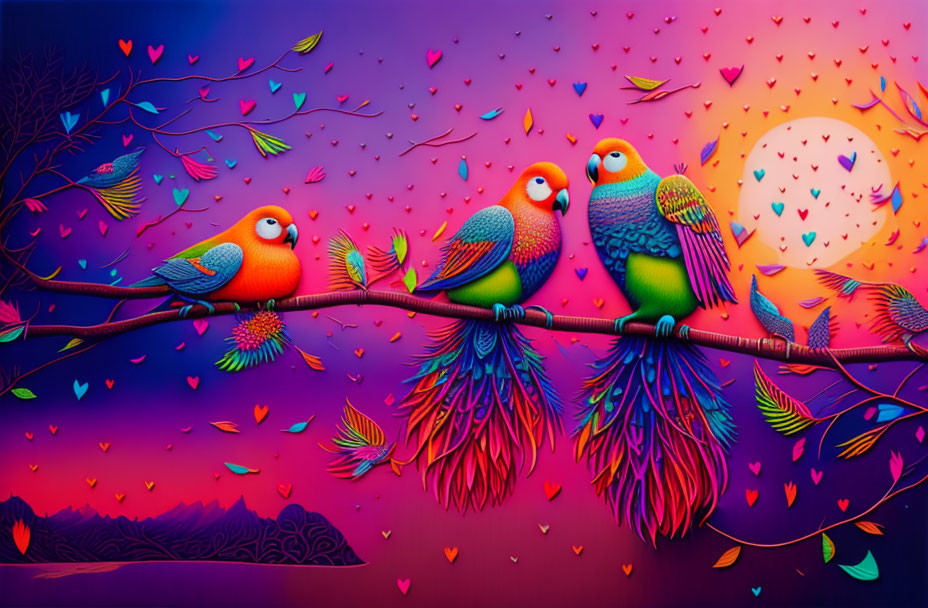 Vibrant sunset scene with colorful parrots on branch and swirling elements