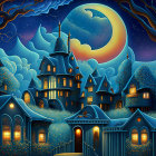 Mystical village with pointed-roof houses under full moon