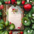 Ornate illustrated open book with strawberries and leaves on natural backdrop