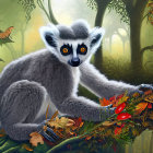 Ring-tailed lemur perched on mossy branch in lush forest with butterfly