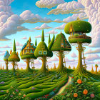 Vibrant green hills and whimsical mushroom-like trees in a fantasy landscape