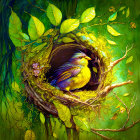 Colorful Bird Nestled in Tree Hollow Surrounded by Green Leaves and Flowers