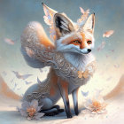 Illustrated Fox with Wings Surrounded by Flowers and Butterflies