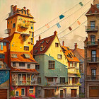 Whimsical illustration of colorful leaning houses with clothes lines