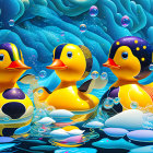 Colorful rubber ducks floating on blue water with bubbles and waves.