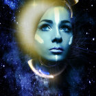 Surreal portrait blending woman's face with cosmic background