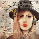 Stylized portrait of woman with red lipstick and hat with cogs and insects against script and dragon