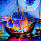 Colorful Artwork: Sailing Ships on Calm Waters with Moonlit Sky