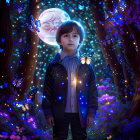 Child in mystical forest under full moon with glowing butterflies and luminescent flora