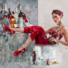 Elegant woman in red outfit with wine bottles and white flora
