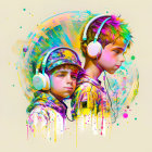 Colorful digital artwork: Two boys in headphones with abstract elements.