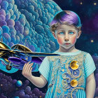 Child Holding Airplane in Cosmic Background Illustration