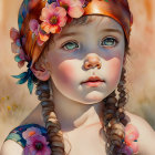 Young girl with blue eyes and braided hair in floral headband - warm hues and sparkles.