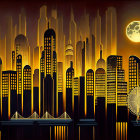 Stylized city skyline at night with skyscrapers and full moon