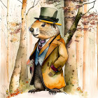 Dapper groundhog in suit, tie, and top hat in woodland