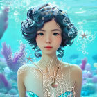 Colorful ocean-themed fantasy illustration with young girl, coral reef hair, floating planets, and delicate bubbles