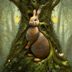 Rabbit nestled by tree with lanterns in enchanted forest glow